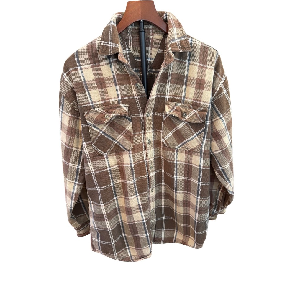 Vtg 80s Brown Plaid Flannel Shirt Long Sleeve Button Up Casual‎ Outdoor sz large